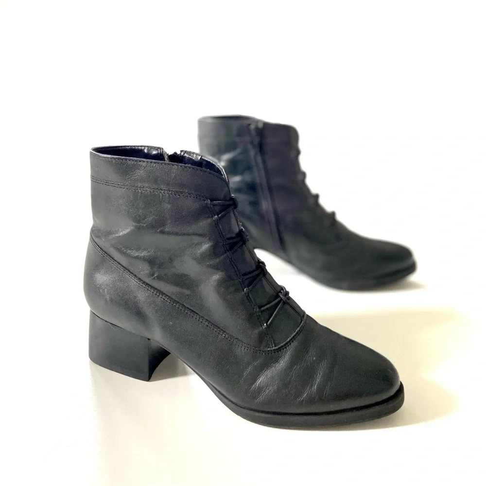 Vintage Boston Accent Granny Black Genuine Leather Lace-Up Heeled Ankle Boots - Picture 9 of 9
